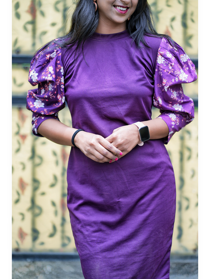 Plum Floral Sleeves Midi Dress